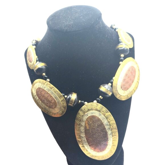 Vintage 107g Hammered Brass Copper Onyx Necklace 26" Statement Boho Tribal - Picture 2 of 8